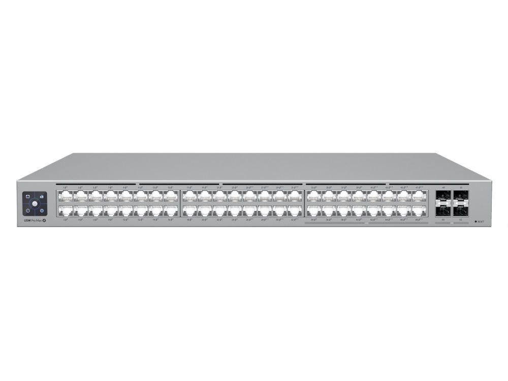 Voorkant van de Ubiquiti UniFi USW-Pro-Max-48-PoE switch met 48 Etherlighting ethernetpoorten met PoE++ 