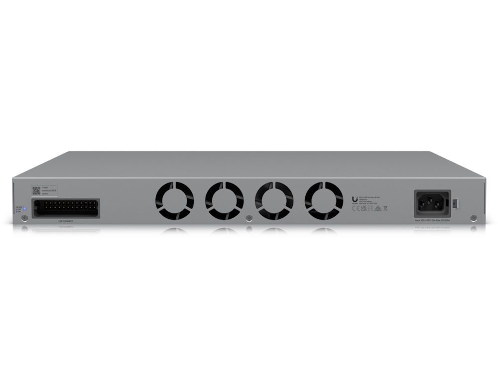 Bovenkant en achterkant van de Ubiquiti UniFi USW-Pro-Max-48-PoE switch