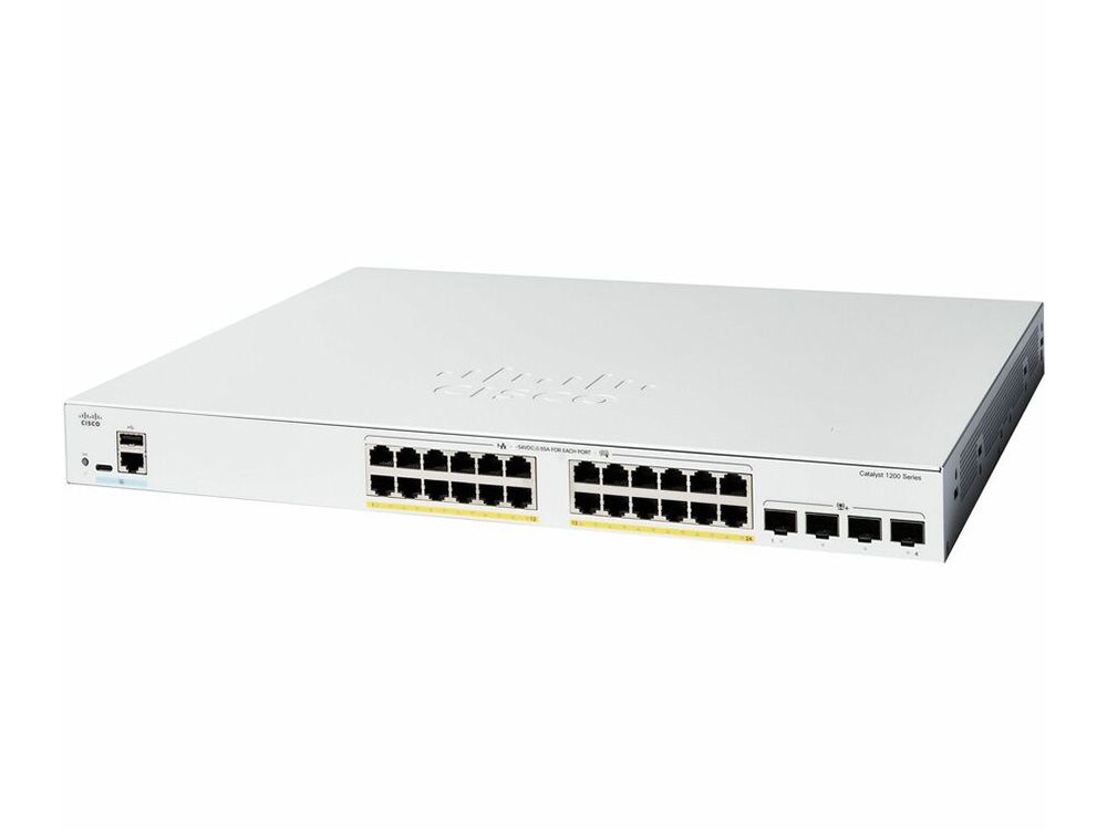 Voorkant van de Cisco Catalyst C1200-24FP-4X 24-poorts netwerk switch met alle ethernetpoorten