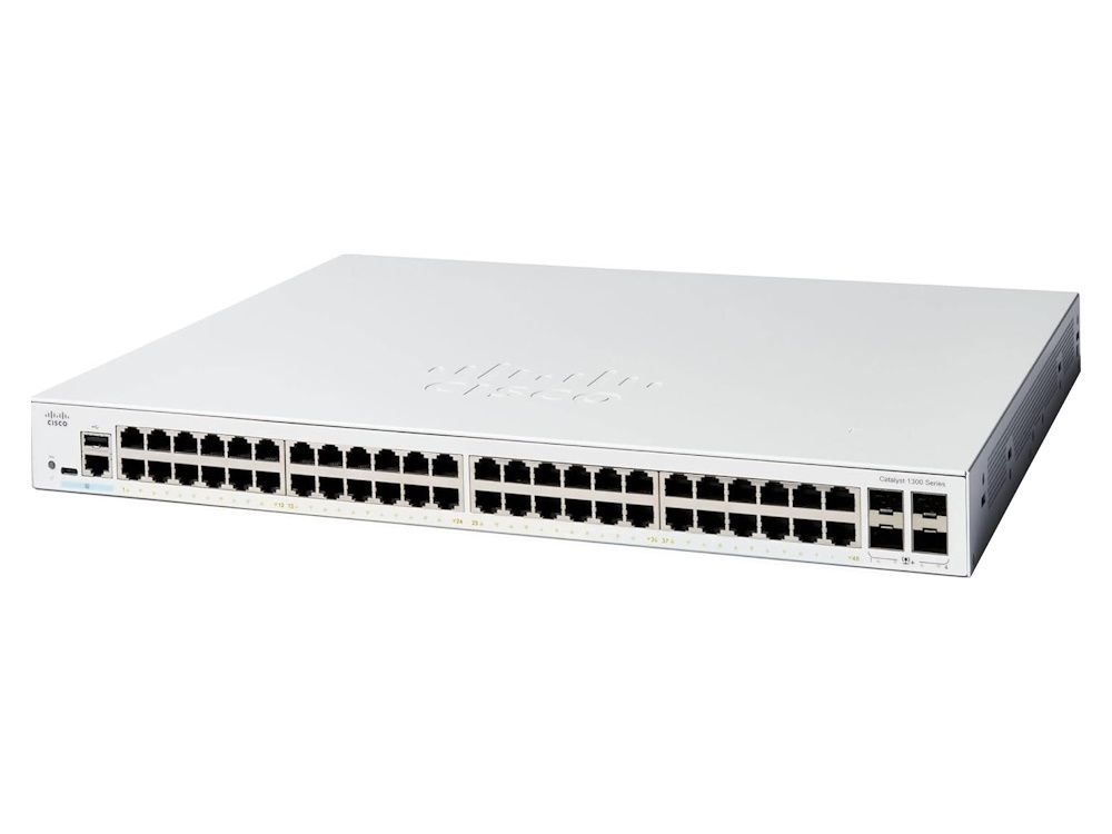 Voorkant van de Cisco Catalyst C1300-48T-4X managed 48-poorts layer 3 netwerk switch