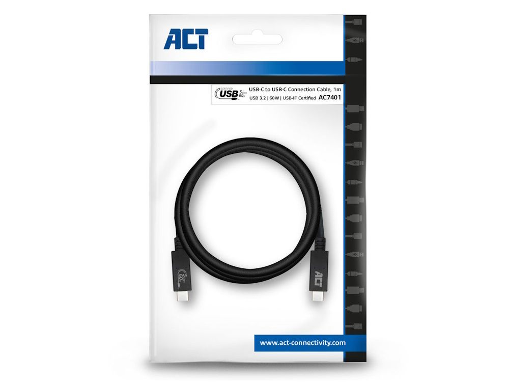 De ACT USB 3.0 kabel van 1 meter lang met twee USB-C connectoren in de verpakking