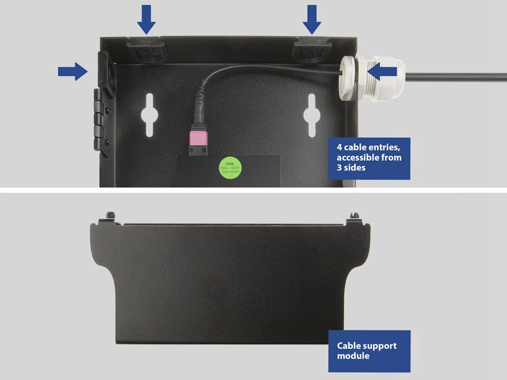 Verschillende kabelingangen in de ACT FA2130 Glasvezel Patchbox