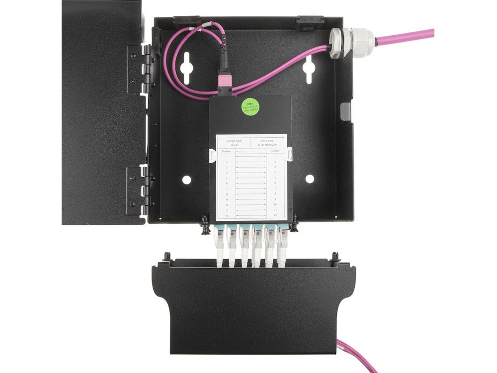 Installatievoorbeeld van de ACT FA2131 Glasvezel Patchbox voor 2 prefab of MTP/MPO cassettes/adapterplaten