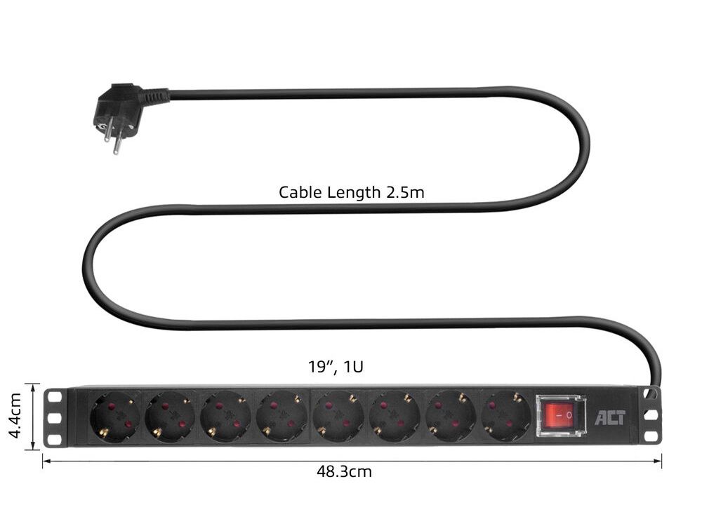 De ACT PD3005 19" Stekkerdoos PDU met formaten en afmetingen