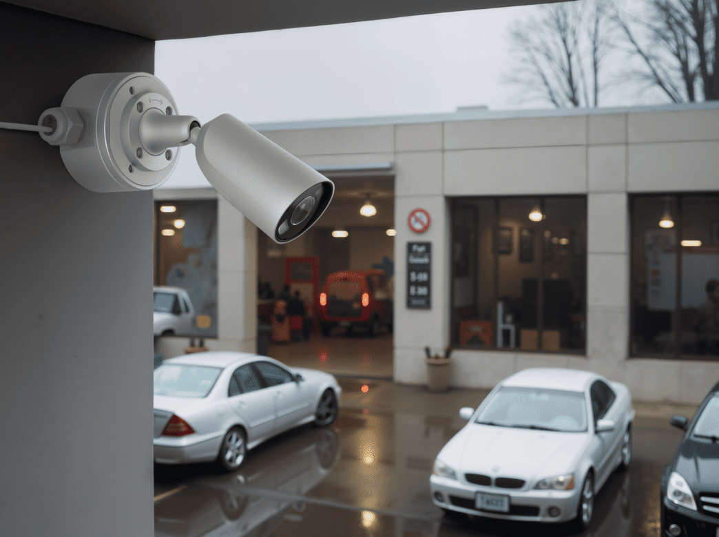 white ajax bullet camera in commercial area