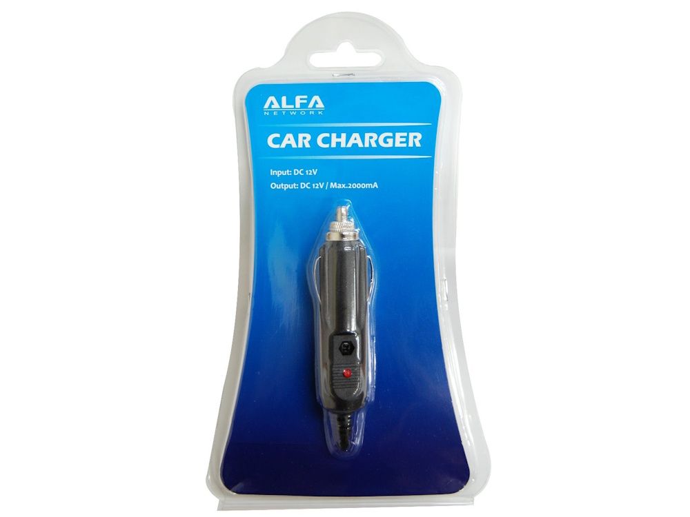 Alfa Network ACR-12 12V auto-oplader voor de R36 router in een verpakking
