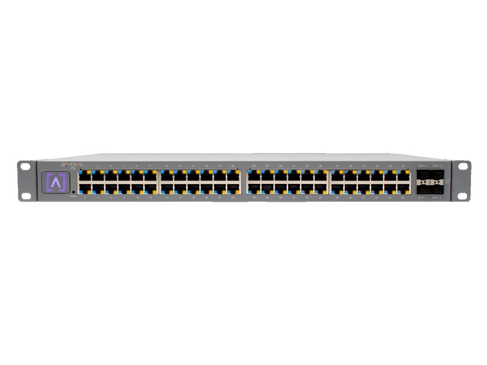 De Alta Labs S48-APOE Enterprise 48-poorts Managed PoE+ Gigabit Switch 740W recht van voren met alle poorten zichtbaar en met rackmount bevestiging