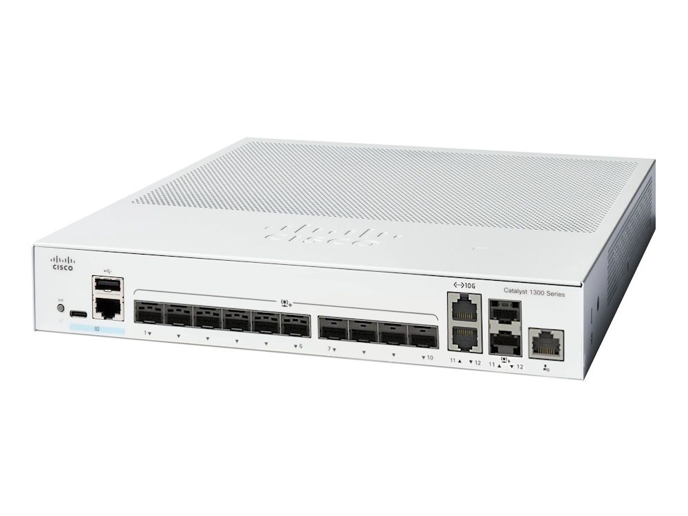 Voorkant van de 12-poorts Cisco Catalyst C1300-12XS managed switch