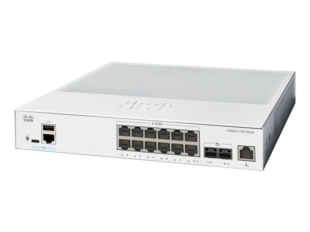 Voorkant en zijkant van de Cisco Catalyst C1300-12XT-2X 12-poorts managed netwerk switch