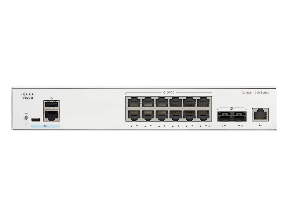 Voorkant van de Cisco Catalyst C1300-12XT-2X 12-poorts managed netwerk switch met ethernetpoorten en SFP+