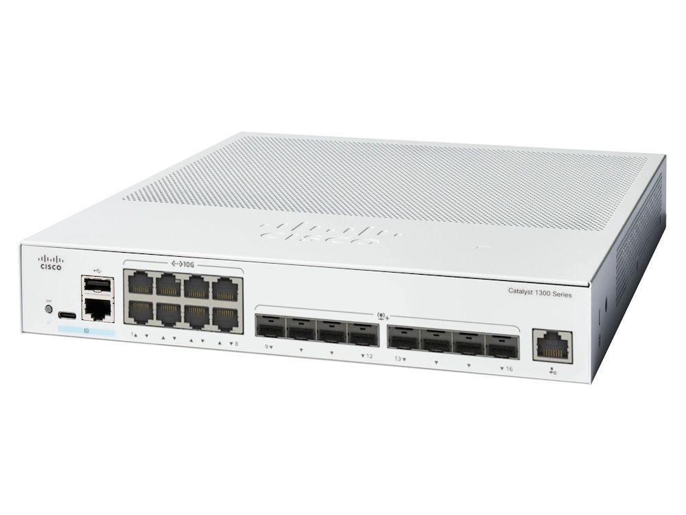 Bovenkant en voorkant van de Cisco Catalyst C1300-16XTS managed 16-poorts netwerk switch met 10G ethernetpoorten en sFP+ poorten