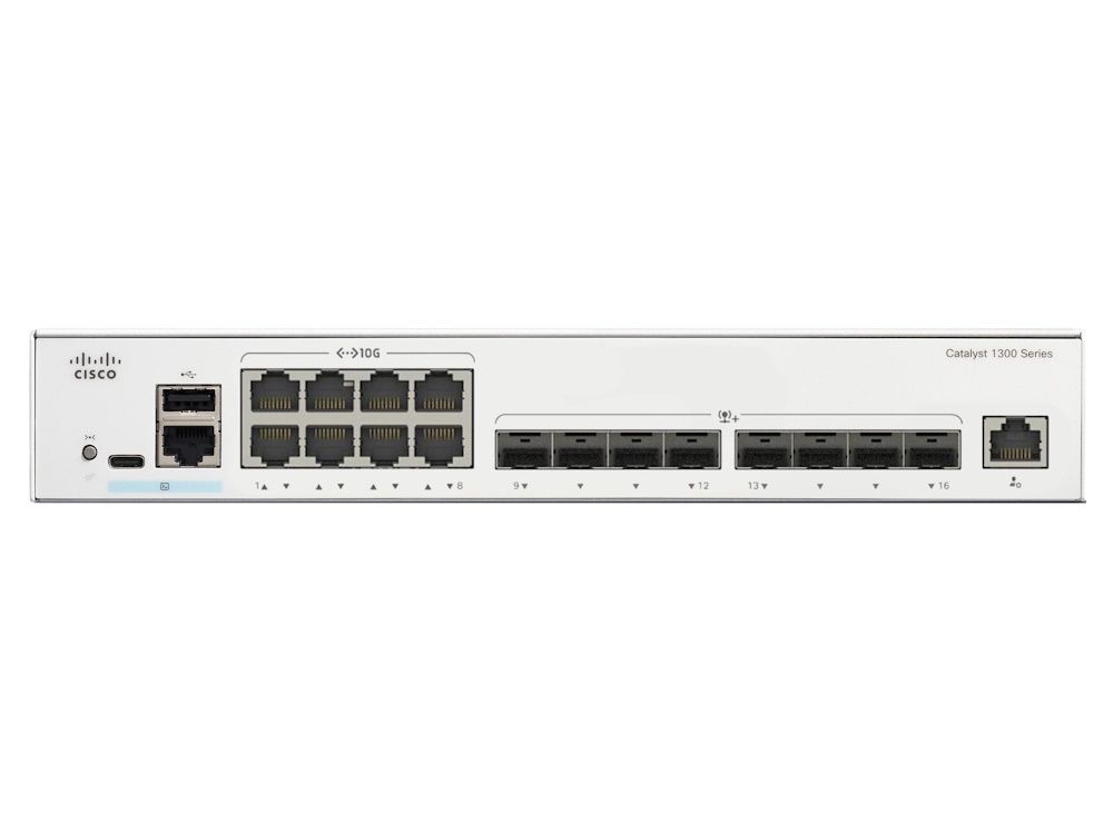 Voorkant van de Cisco Catalyst C1300-16XTS managed 16-poorts netwerk switch met acht 10G ethernet poorten en acht 10G SFP+ poorten