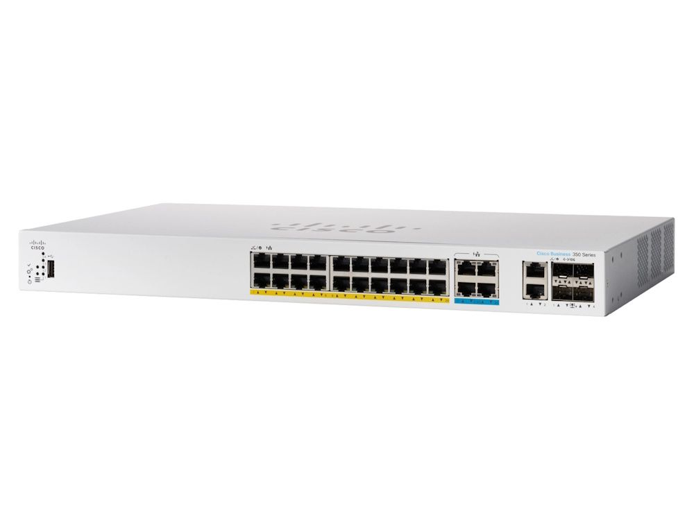 Zijkant en voorkant van de Cisco Catalyst C1300-24MGP-4X managed 24-poorts PoE switch met alle PoE+ ethernetpoorten en SFP+ poorten