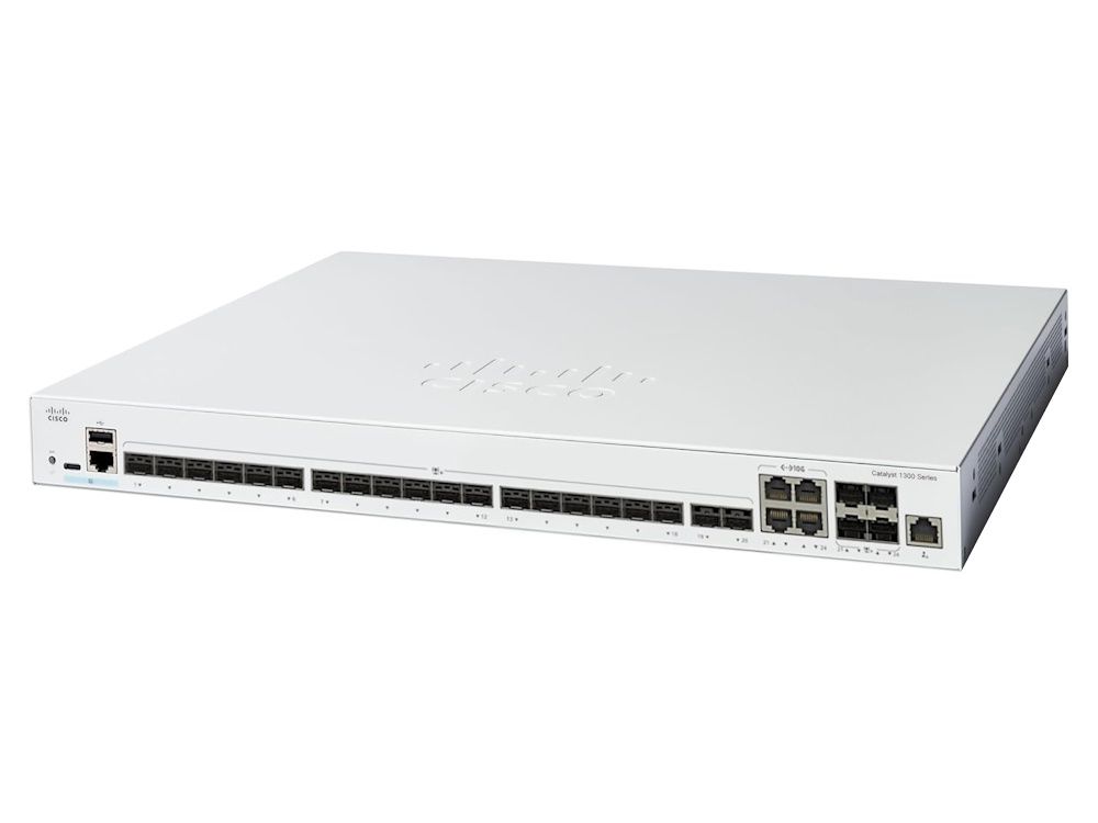 Zijkant bovenkant en voorkant van de Cisco Catalyst C1300-24XS managed 24-poorts SFP+ L3 switch met alle SFP+ poorten