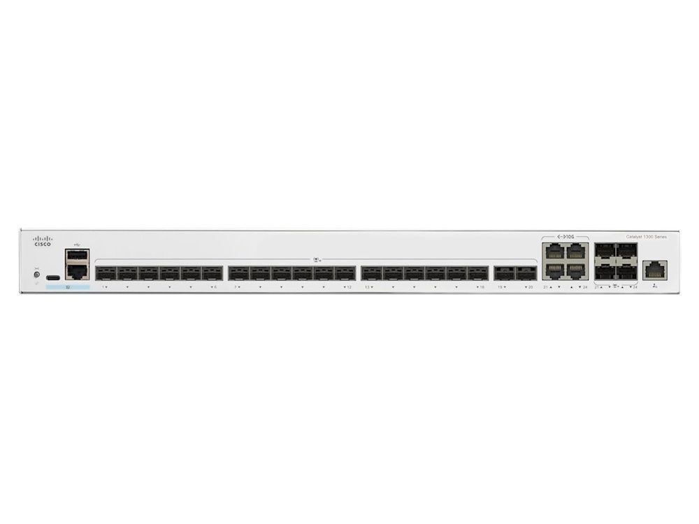 Voorkant van de Cisco Catalyst C1300-24XS managed 24-poorts SFP+ L3 glasvezel switch met 20 10G SFP+ poorten en 4 10G SFP+/RJ45 combopoorten