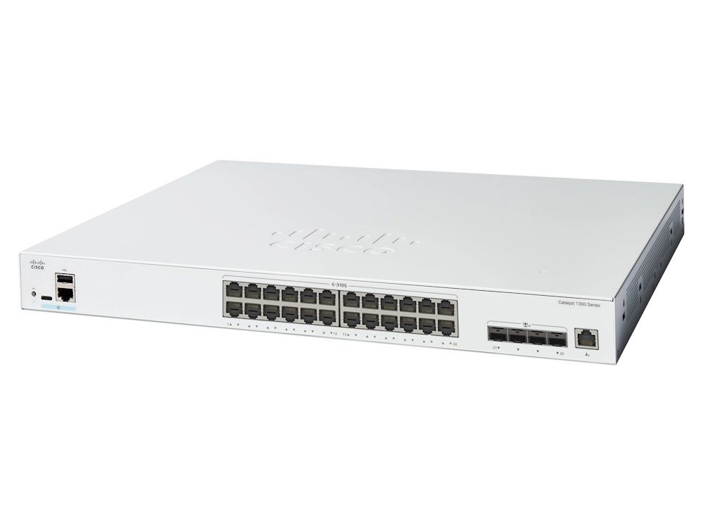 Zijkant bovenkant en voorkant van de Cisco Catalyst C1300-24XT managed 24-poorts netwerk switch met alle 10G ethernetpoorten en SFP+ combopoorten