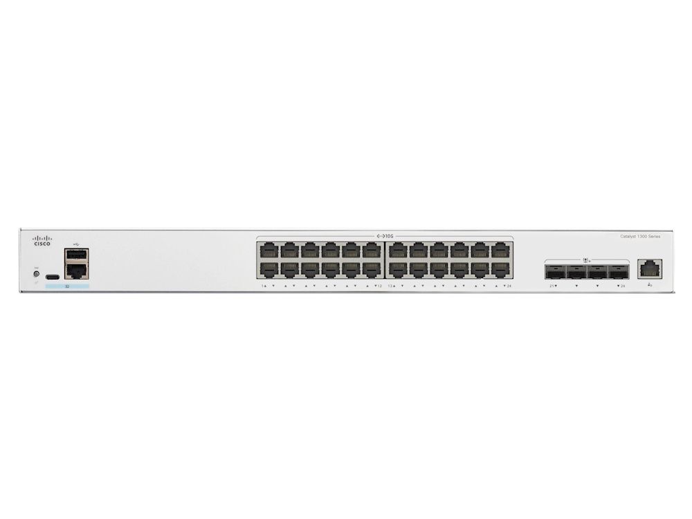 Voorkant van de Cisco Catalyst C1300-24XT managed 24-poorts netwerk switch met alle 10G ethernetpoorten en de 4 SFP+ combopoorten