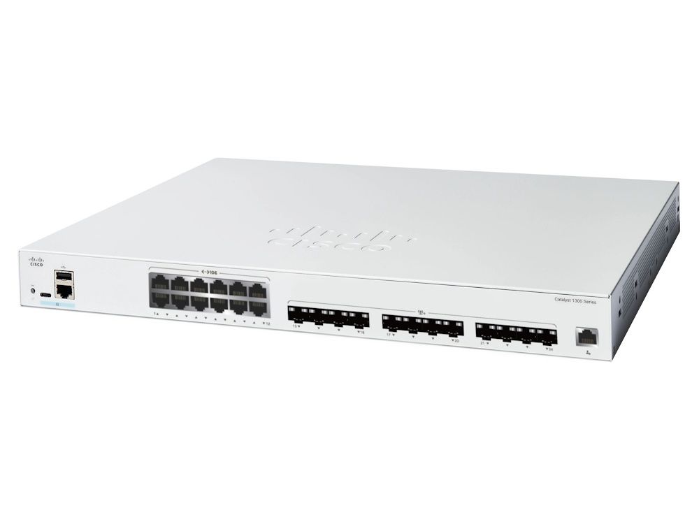 Zijkant bovenkant en voorkant van de Cisco Catalyst C1300-24XTS managed 24-poorts netwerk switch met 12 10G ethernetpoorten en 12 10G SPF+ poorten