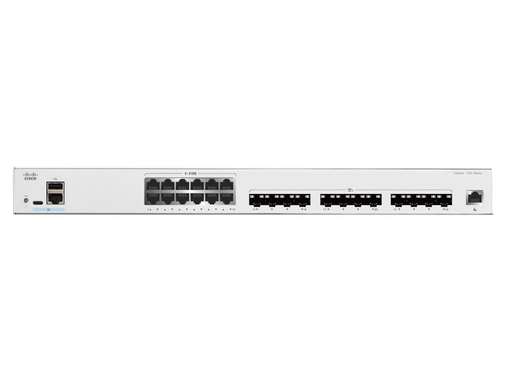 Voorkant van de Cisco Catalyst C1300-24XTS managed 24-poorts netwerk switch met 12 stuks 10 Gigabit ethernetpoorten en 12 stuks 10 Gigabit SFP+ poorten