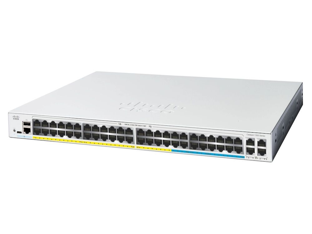 Bovenkant en voorkant van de Cisco Catalyst C1300-48MGP-4X managed 48-poorts netwerk switch