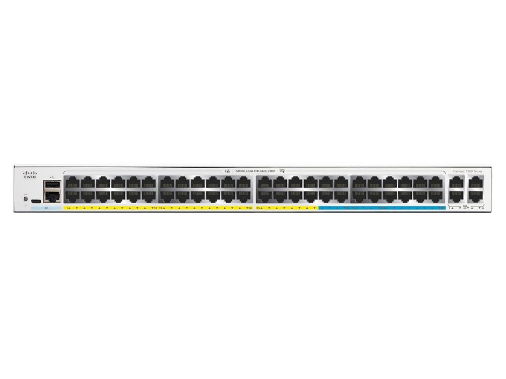 Voorkant van de Cisco Catalyst C1300-48MGP-4X managed 48-poorts PoE+ switch met alle ethernetpoorten en SFP+ poorten