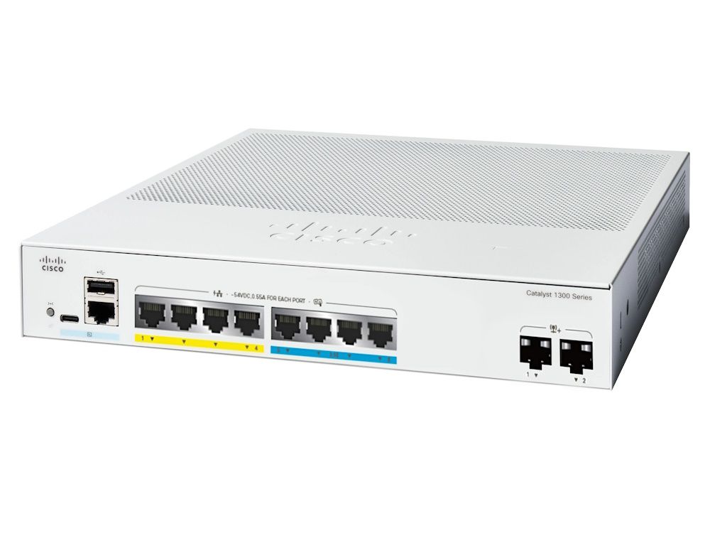 Voorkant en zijaanzicht van de Cisco Catalyst C1300-8MGP-2X managed netwerk switch met PoE+