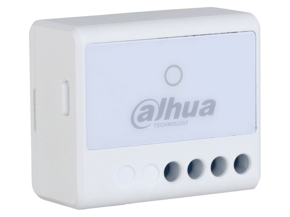 Voorkant en linker zijkant van de Dahua ARM7012-W2(868) Wireless WallSwitch, een relais voor het Dahua AirShield alarmsysteem