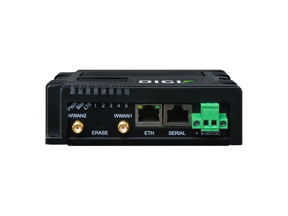 Voorkant van de Digi IX10-00G4 industriële dual SIM LTE Cat 4 router met alle poorten