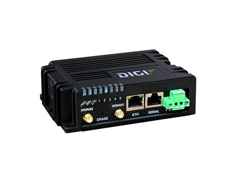 De Digi IX10-00G4 industriële dual SIM LTE Cat 4 router schuin van linksvoor