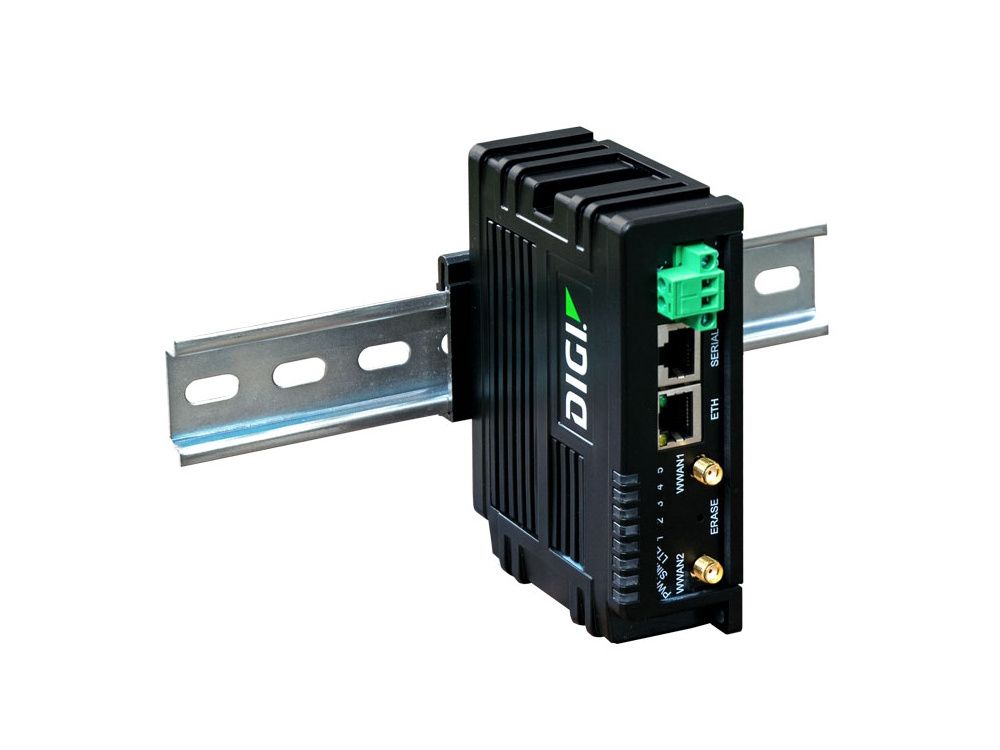 De Digi IX10-00G4 industriële dual SIM LTE Cat 4 router gemonteerd op een rail