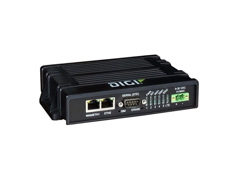 De industriële dual SIM Digi IX20-00G4 4G LTE router schuin van linksvoor