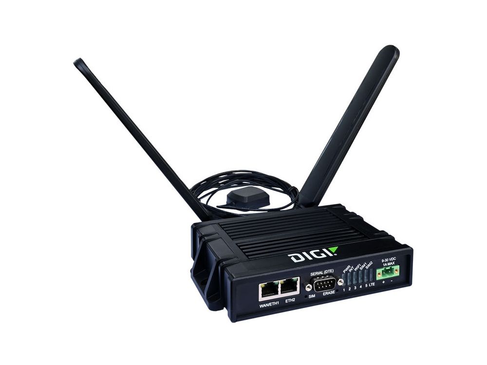 De industriële dual SIM Digi IX20-00G4 4G LTE router met aangesloten antennes