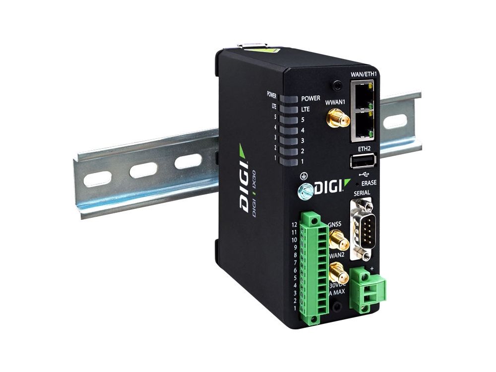 De Digi IX30 industriële dual-SIM 4G LTE router aan een DIN-Rail gemonteerd