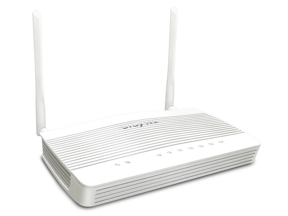Linker zijkant en voorkant van de DrayTek Vigor 2136Fax WiFi 6 WLAN Security Router