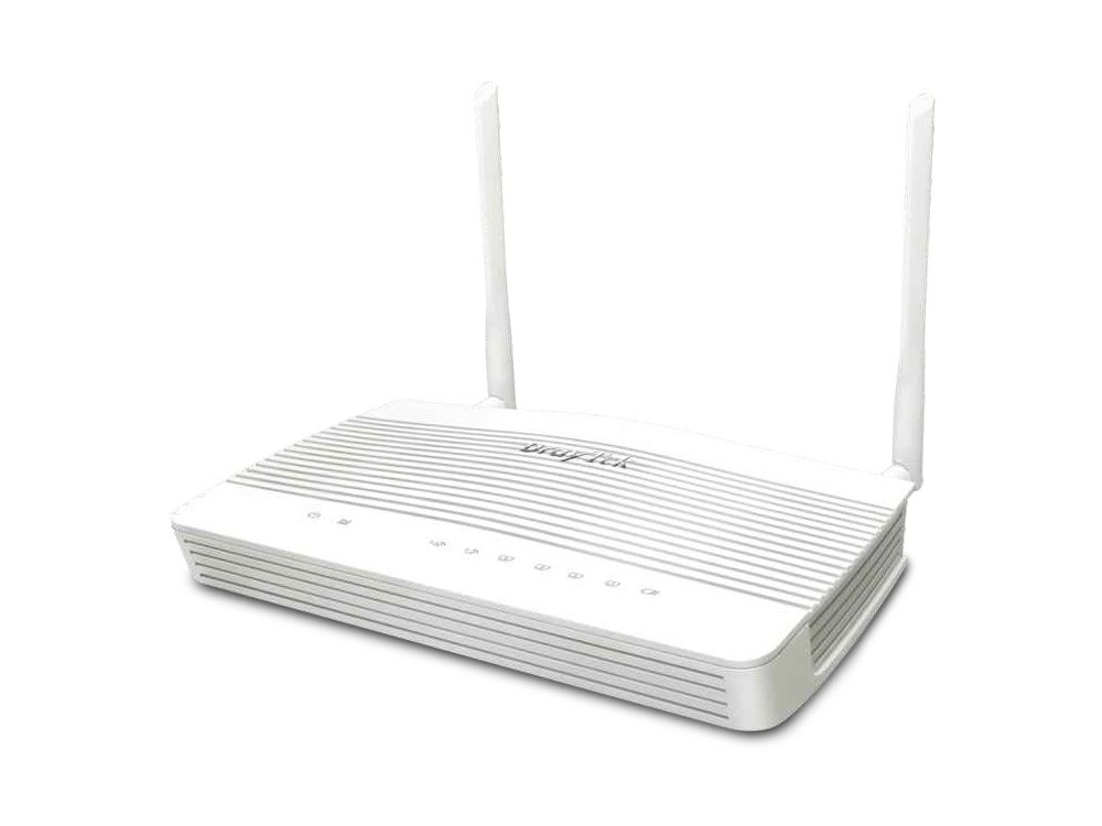 Rechter zijkant en voorkant van de DrayTek Vigor 2136Fax WiFi 6 WLAN Security Router