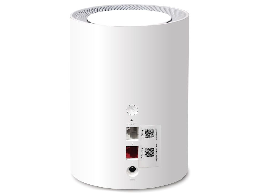 Achterkant van het DrayTek VigorAP 805 indoor Mesh WiFi 6 access point met de Gigabit en 2.5 Gigabit LAN-poort, de stroomaansluiting en de Mesh WiFi knop