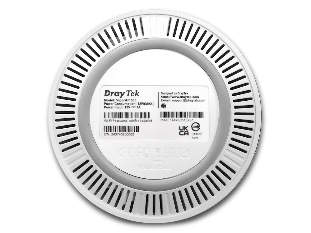 Onderkant van het DrayTek VigorAP 805 indoor Mesh WiFi 6 access point