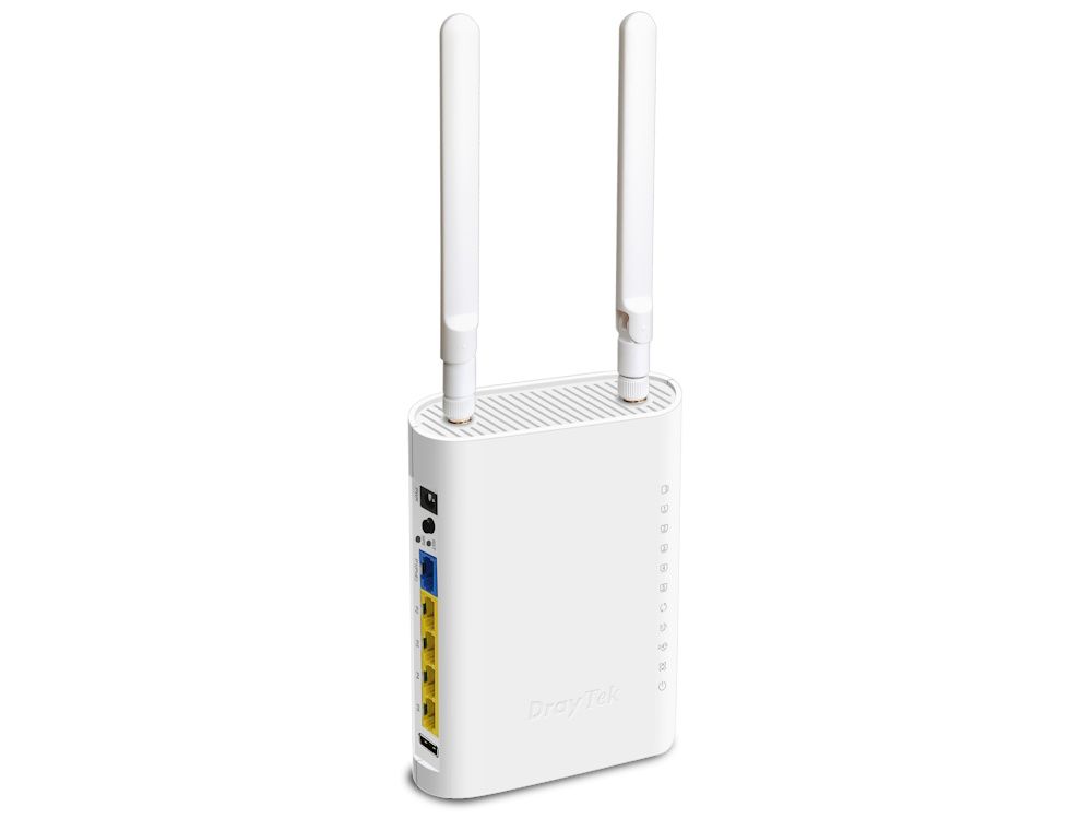 Het DrayTek VigorAP 905 WiFi 6 indoor access point met alle poorten aan de zijkant zoals een keer 2.5 gigabit LAN en vier keer gigabit LAN en een keer USB