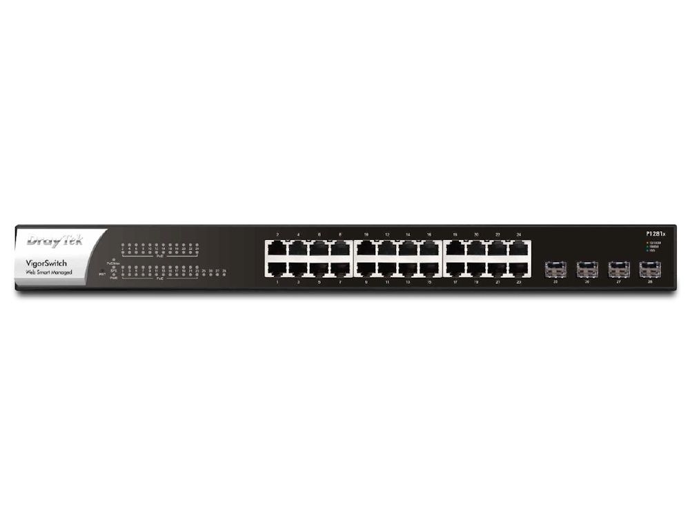 DrayTek VigorSwitch P1281x managed 24-poorts PoE+ Gigabit switch voorkant