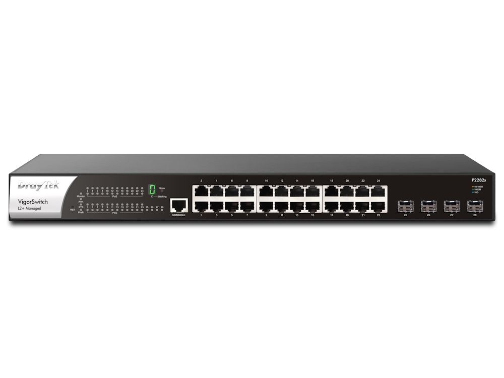 Voorkant van de DrayTek VigorSwitch P2282X Layer 2+ managed switch met alle netwerkpoorten