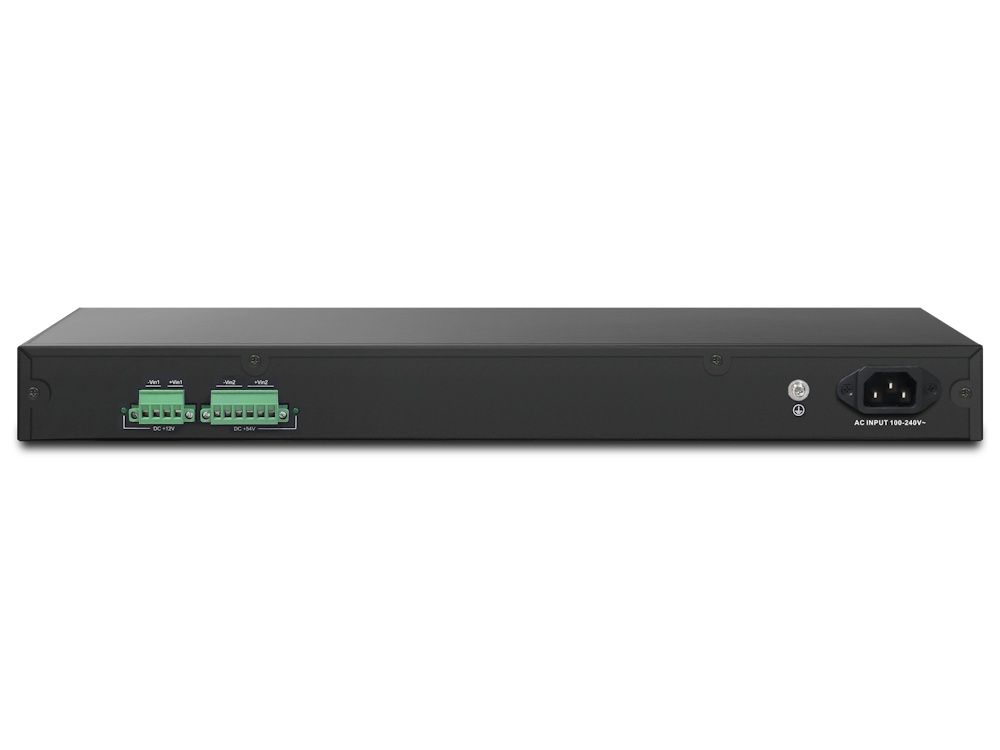 Achterkant van de DrayTek VigorSwitch P2282X Layer 2+ managed switch met stroomaansluiting