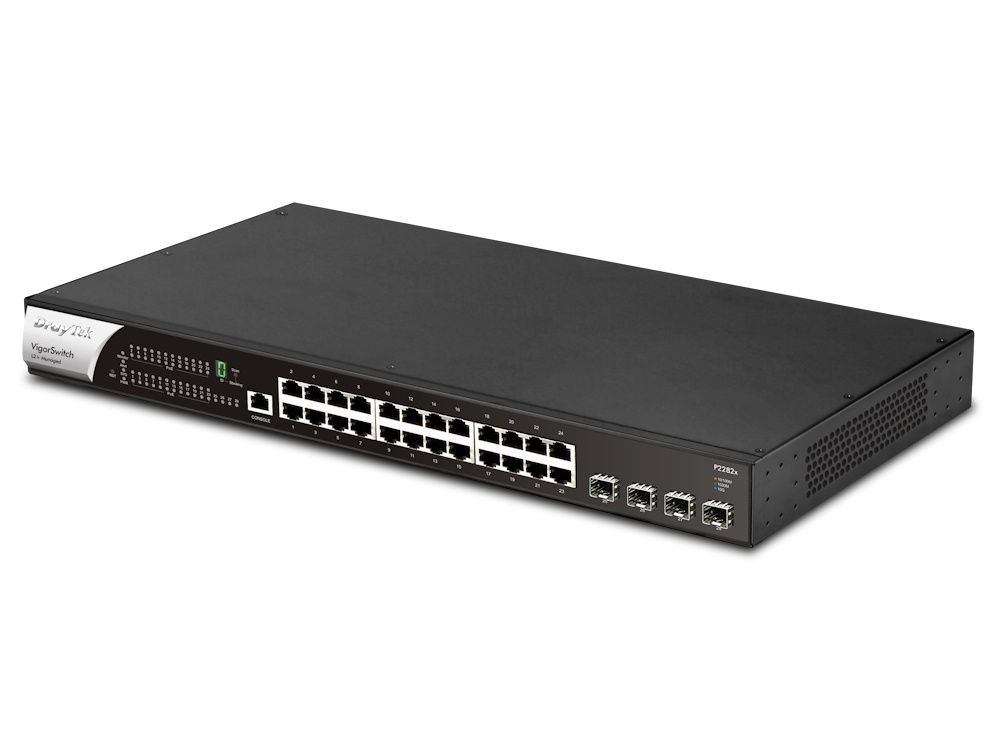 Rechter zijkant en voorkant van de DrayTek VigorSwitch P2282X Layer 2+ managed switch