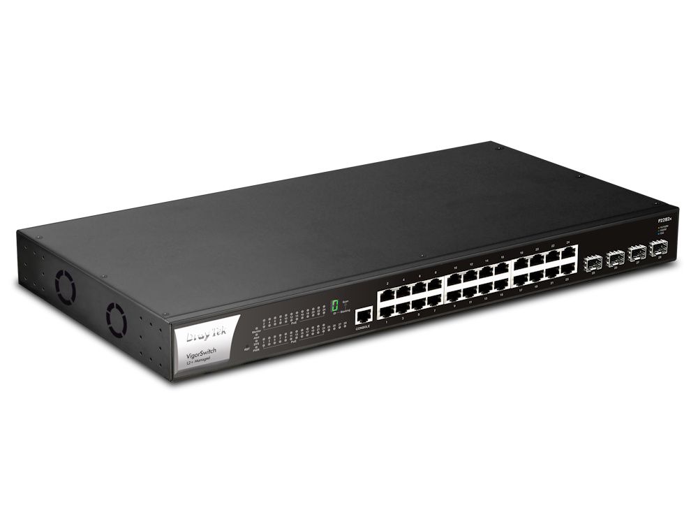 Linker zijkant en voorkant van de DrayTek VigorSwitch P2282X Layer 2+ managed switch