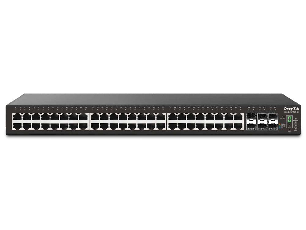 Voorkant van de DrayTek VigorSwitch P2542x met 48 PoE+ ethernet poorten en zes SFP+ uplink poorten