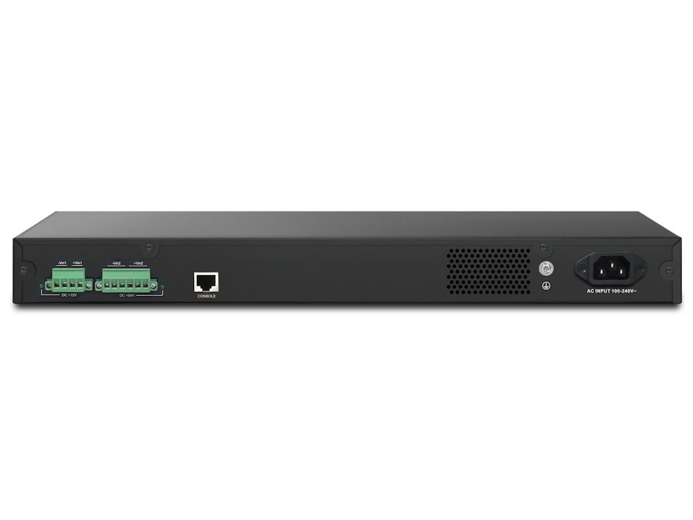 Achterkant van de De DrayTek VigorSwitch P2542x 48-poorts netwerk switch met onder andere een stroomaansluiting
