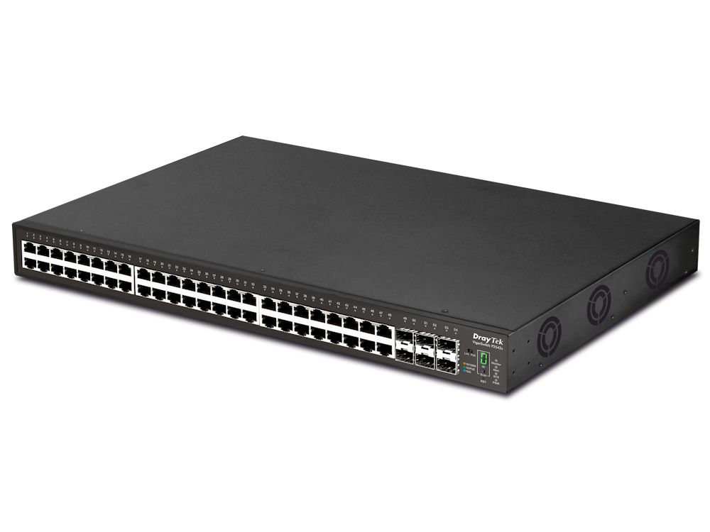 De DrayTek VigorSwitch P2542x 48-poorts netwerk switch schuin van rechts