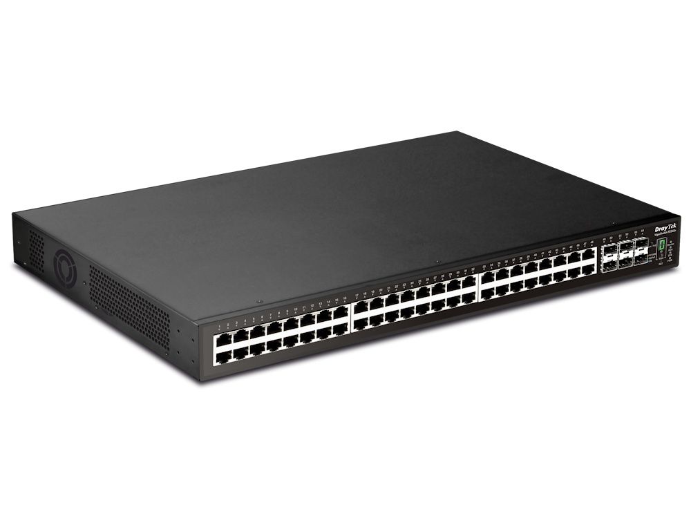 De DrayTek VigorSwitch P2542x 48-poorts netwerk switch schuin van links