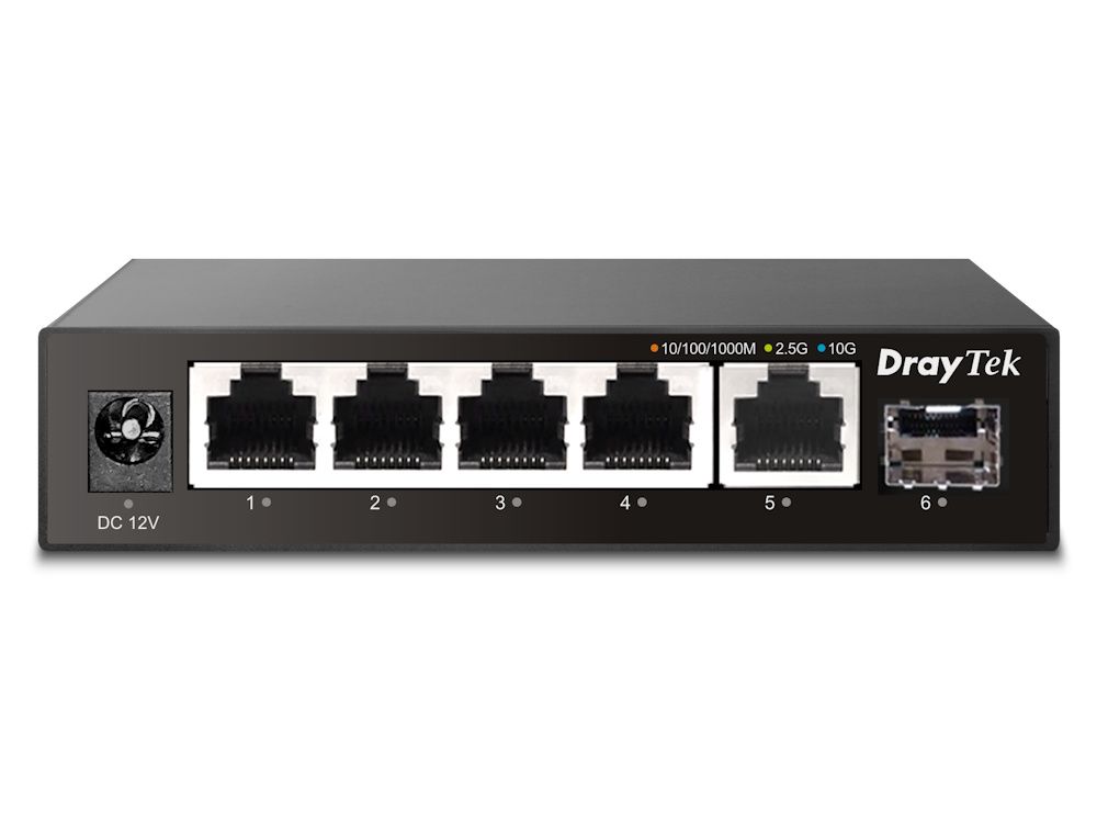 Voorkant van de DrayTek VigorSwitch Q60x unmanaged 5-poorts 2.5 Gigabit switch met ethernetpoorten