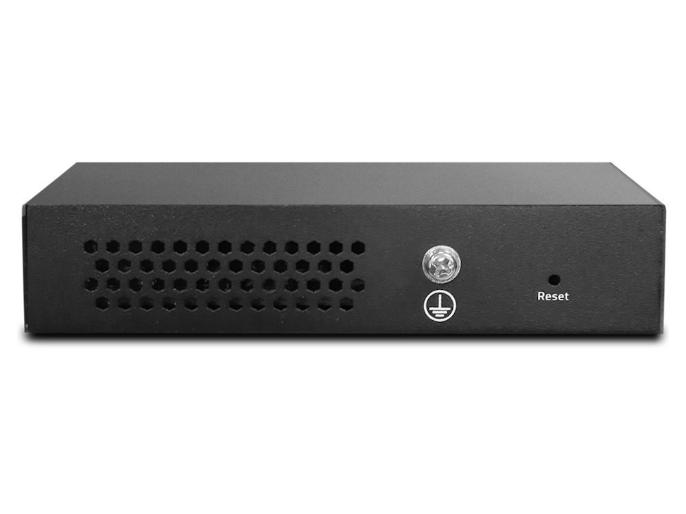 Achterkant van de DrayTek VigorSwitch Q60x unmanaged 5-poorts 2.5 Gigabit switch