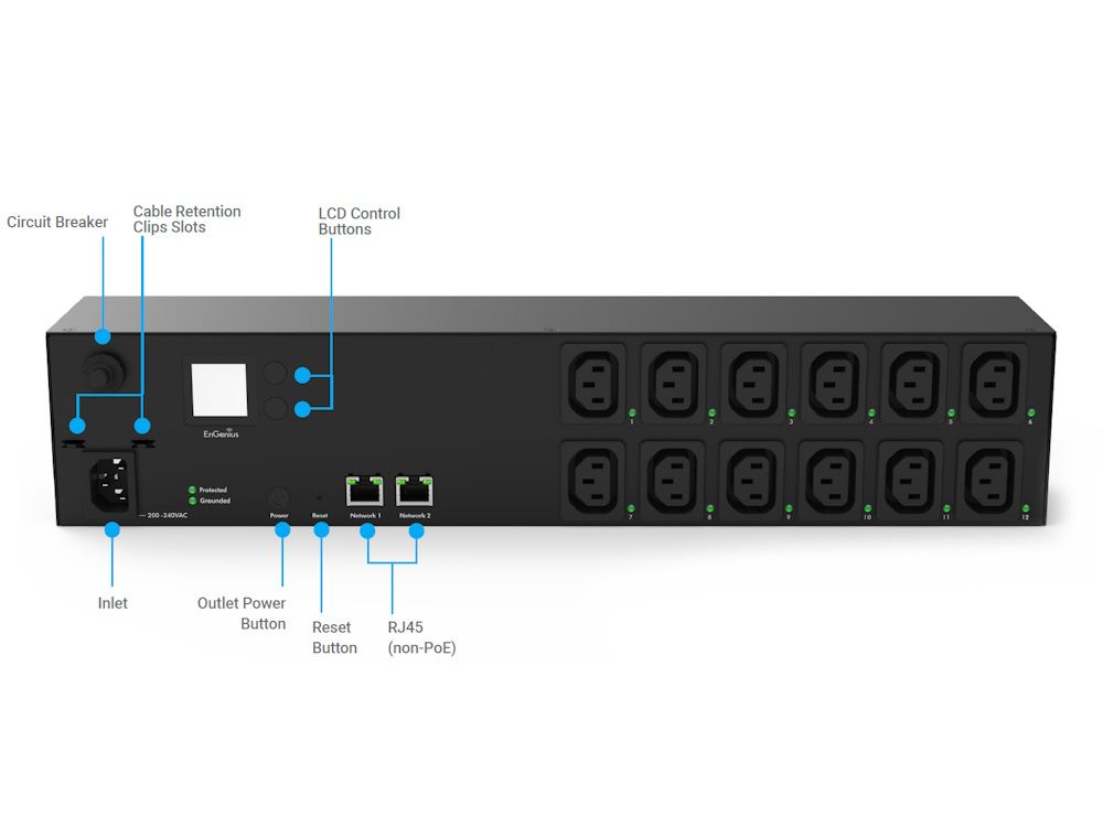 EnGenius ECP212-INT metered switched PDU met 12 C13 outlets typen poorten